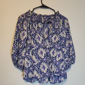 Free People Blue and Cream Floral Blouse
